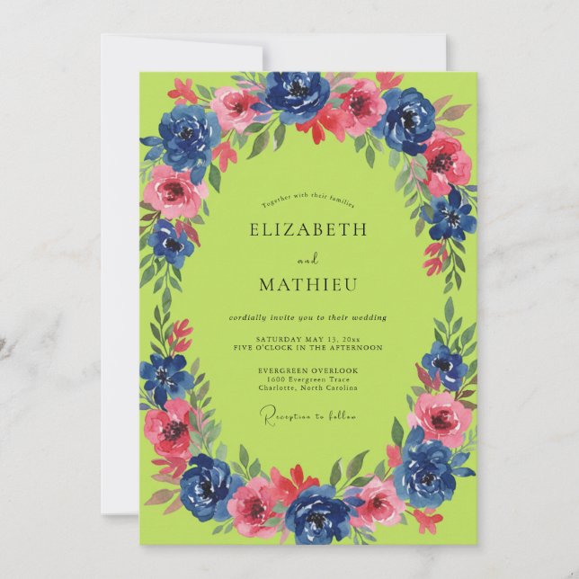 Chartreuse Cobalt Wreath Wedding Invitation (Front)