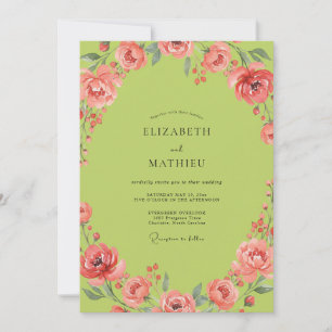 Chartreuse Coral Ranunculus Eucalyptus Wedding Invitation