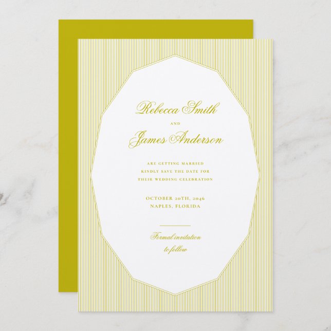 Chartreuse Formal Elegant Classic Stripes Wedding Save The Date (Front/Back)