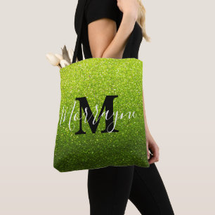 Chartreuse Glitter Ombre Sparkle Metallic Monogram Tote Bag