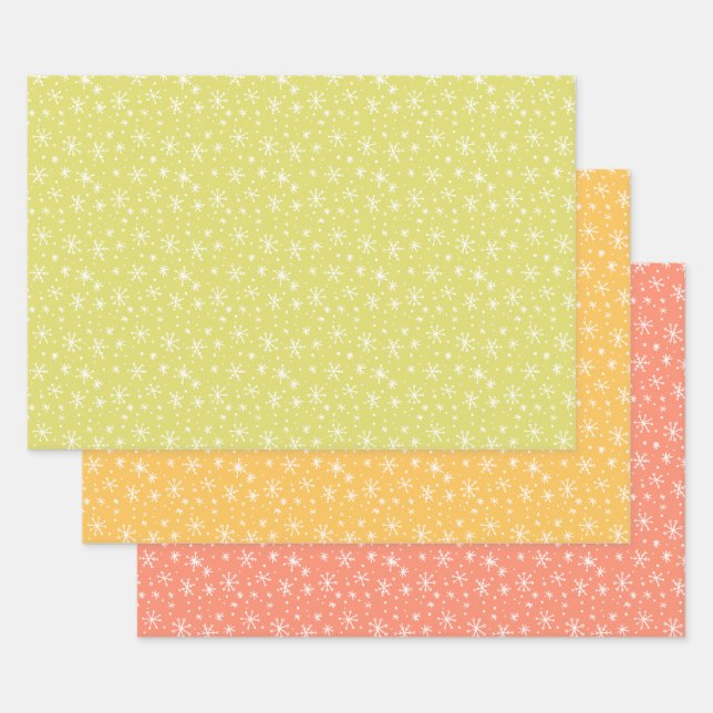 Chartreuse, Gold, and Coral Snowflake Holiday Wrapping Paper Sheet (Set)