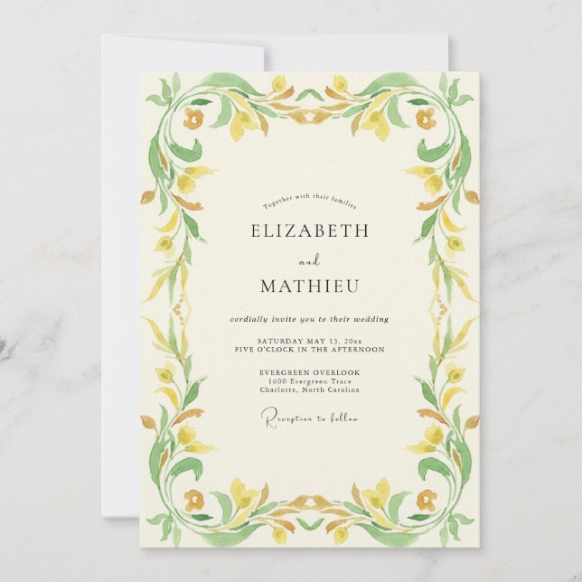Chartreuse Gold Foliage Eucalyptus Wedding Invitation (Front)