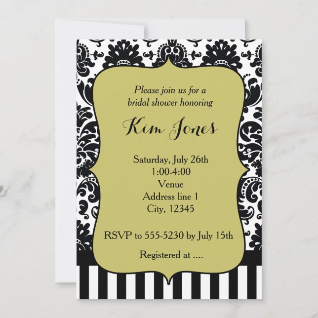 Chartreuse Green Black White Damask Invitation (Front)