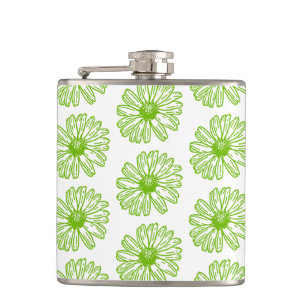 Chartreuse Green Daisy Print, Hippie Flower Print Hip Flask