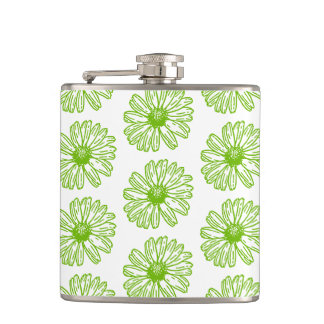 Chartreuse Green Daisy Print, Hippie Flower Print Hip Flask