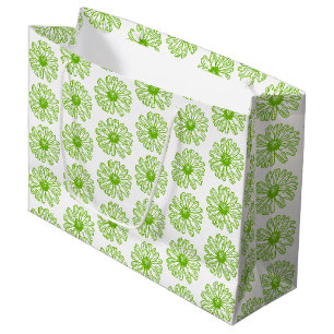 Chartreuse Green Daisy Print, Hippie Flower Print Large Gift Bag