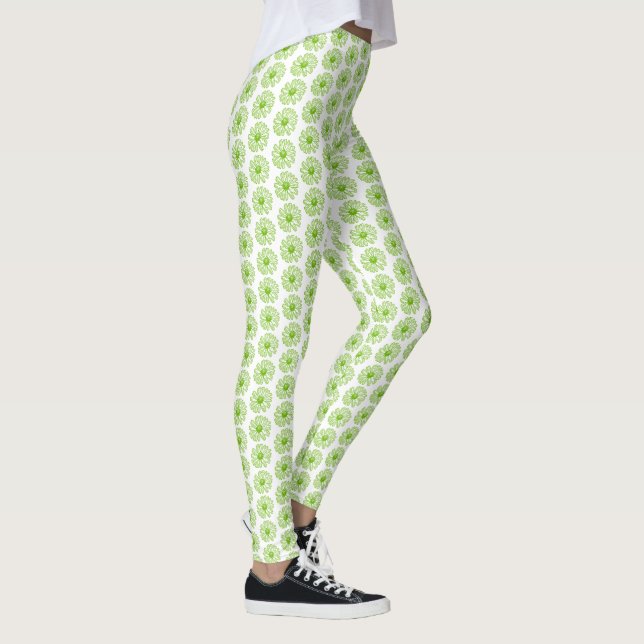 Chartreuse Green Daisy Print, Hippie Flower Print Leggings (Right)