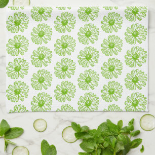 Chartreuse Green Daisy Print, Hippie Flower Print Tea Towel