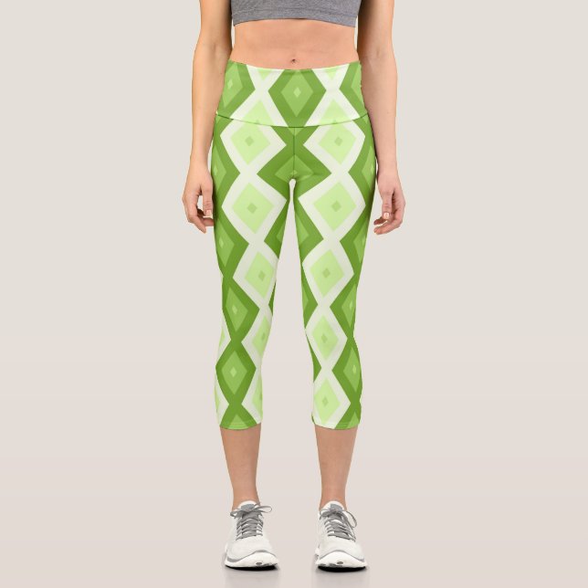 Chartreuse green diamond pattern capri leggings (Front)