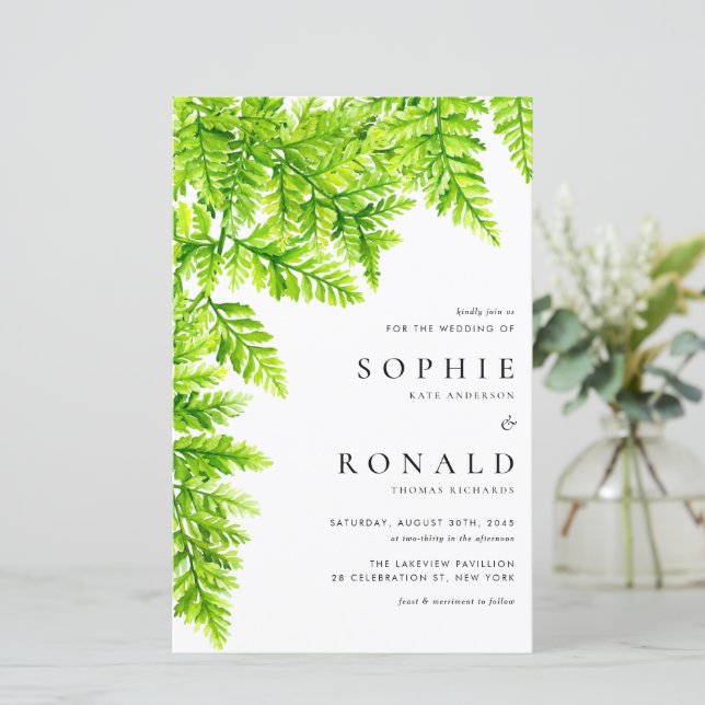Chartreuse Green Fern Leaves Wedding Invitation (Standing Front)