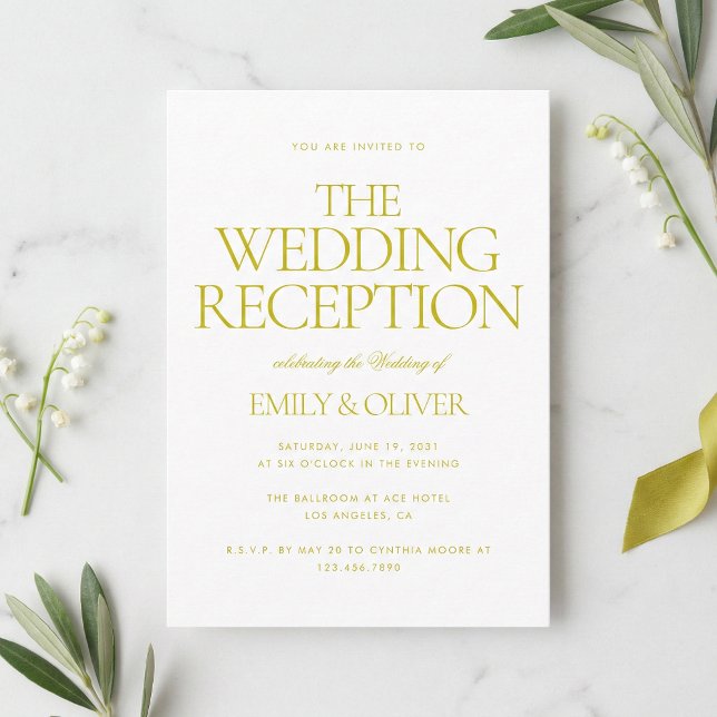 Chartreuse Green Modern Wedding Reception Party Invitation (Minimalist lime green stationery with bold serif typography shown in a clean lifestyle setting.)