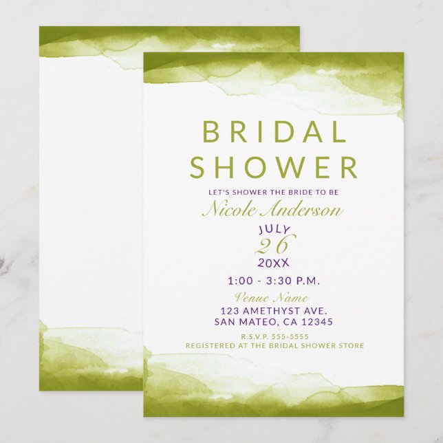 Chartreuse Green Watercolor Chic Bridal Shower Invitation (Front/Back)