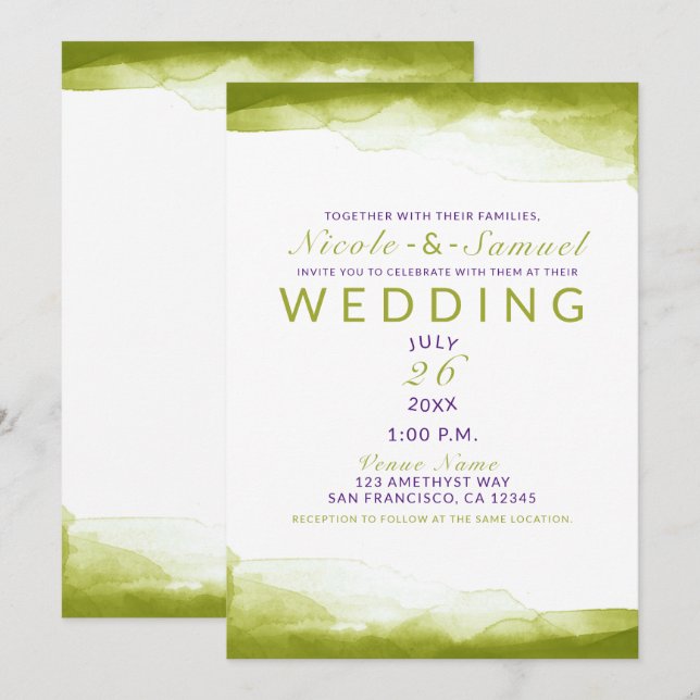 Chartreuse Green Watercolor Chic Modern Wedding Invitation (Front/Back)
