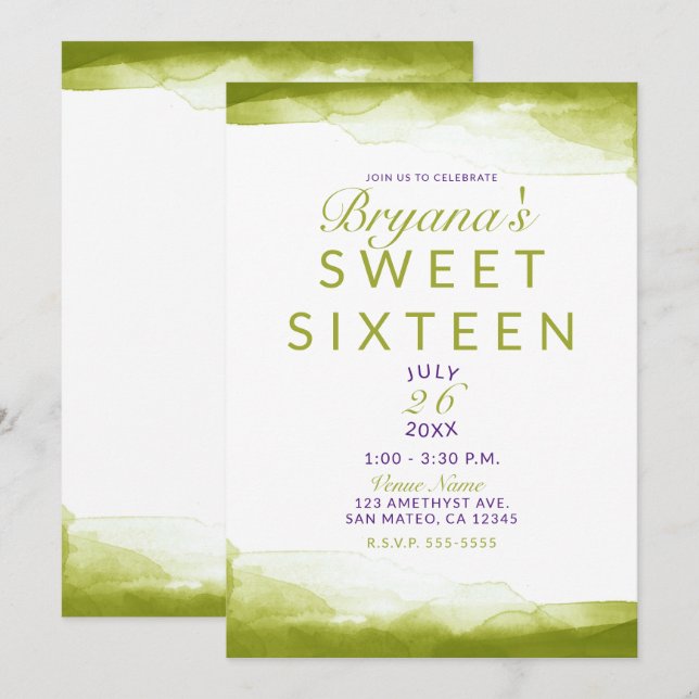Chartreuse Green Watercolor Chic Sweet 16 Party Invitation (Front/Back)