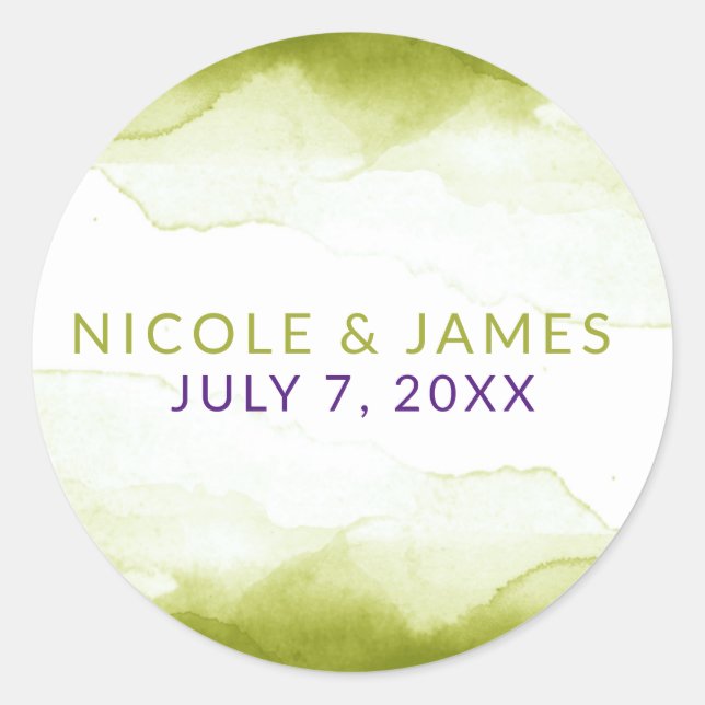 Chartreuse Green Watercolor Modern Chic Wedding Classic Round Sticker (Front)