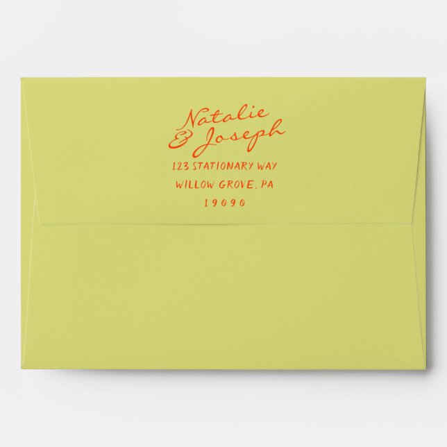 chartreuse Hand Written Whimsical Retro Wedding Envelope (Back (Top Flap))