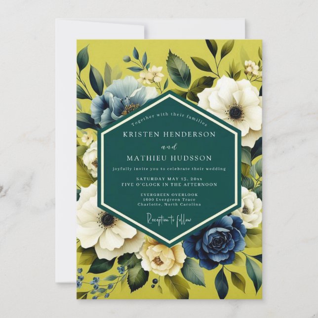 Chartreuse Indigo Bloom Wedding Invitation (Front)