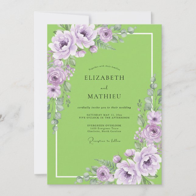 Chartreuse Lavender Ranunculus Eucalyptus Wedding Invitation (Front)