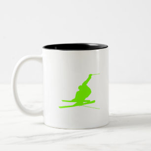 Chartreuse, Neon Green Snow Skiing Two-Tone Coffee Mug