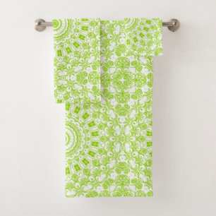 Chartreuse on White Mandala Kaleidoscope Medallion Bath Towel Set