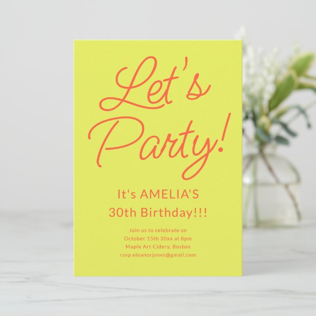 Chartreuse Orange Let's Party Fun Birthday Bash Invitation (Standing Front)