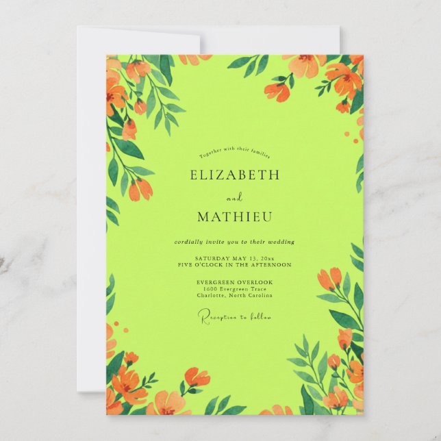Chartreuse Orange Wildflower Wedding Invitation (Front)
