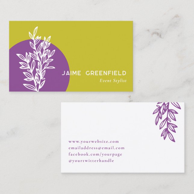 Chartreuse Purple Greenery Line Art Business Card (Front/Back)