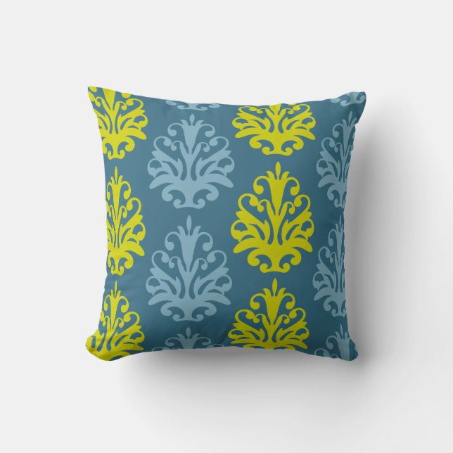 Chartreuse slate blue teal damask cushion (Front)