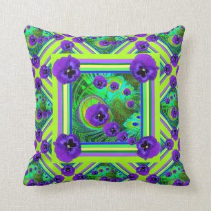 CHARTREUSE SPRING GREEN PURPLE PANSY FLORAL CUSHION
