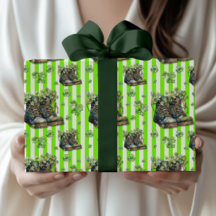 Chartreuse Striped Clover Shoes St. Patrick Day Wrapping Paper