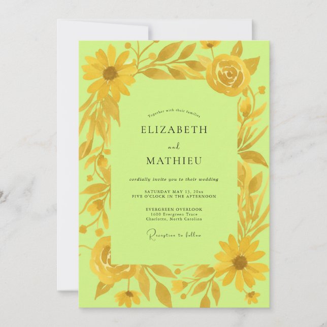 Chartreuse Sunflower Gold Eucalyptus Wedding Invitation (Front)