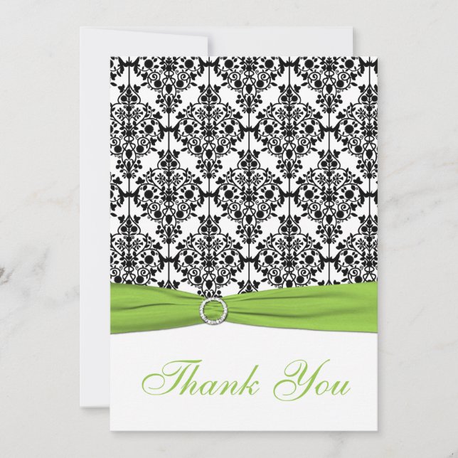 Chartreuse, White, Black Damask Thank You Card (Front)