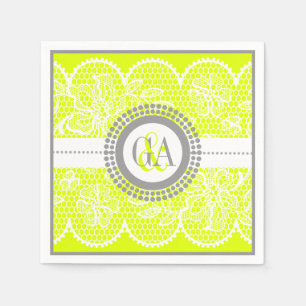 Chartreuse, white lace pattern wedding napkin