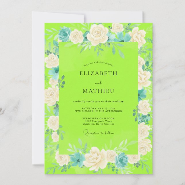 Chartreuse White Rose Wedding Invitation (Front)