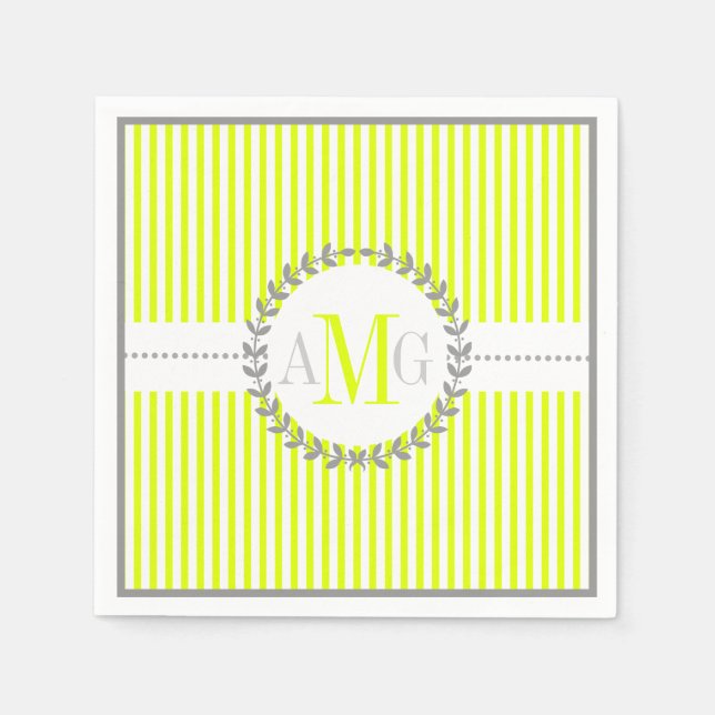 Chartreuse, white striped pattern wedding napkin (Front)