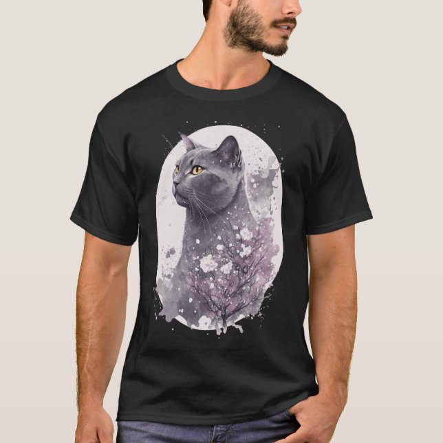 Chartreux Cat Japanese Cherry Blossom Floral Sakur T-Shirt (Front)
