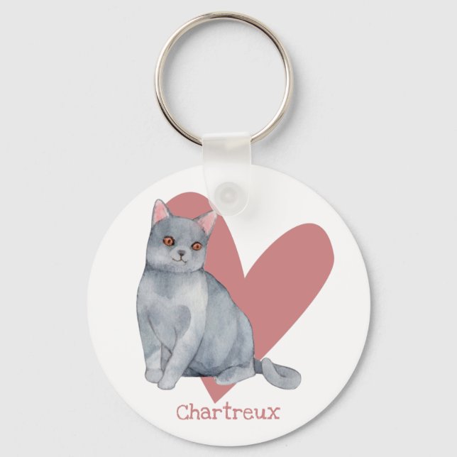 Chartreux Cat Watercolor Kitty Pink Heart Key Ring (Front)