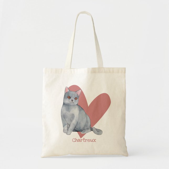 Chartreux Cat Watercolor Kitty Pink Heart Tote Bag (Front)