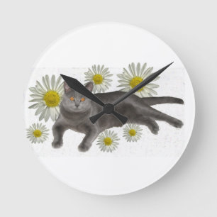 Chartreux Cat with Daisies Round Clock
