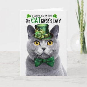 Chartreux Grey Cat St CATrick's Day Lucky Charm Holiday Card
