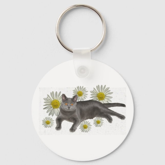Chartreux w/daisies key ring (Front)