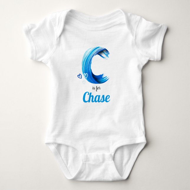 Chase Name Reveal Letter C Boy Blue Paint Baby Bodysuit (Front)