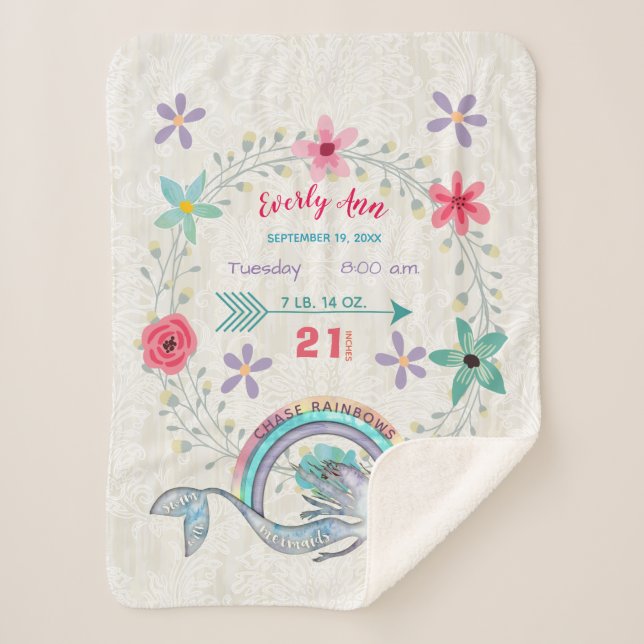 Chase Rainbows Baby Girl Stats Watercolor Mermaid Sherpa Blanket (Front)