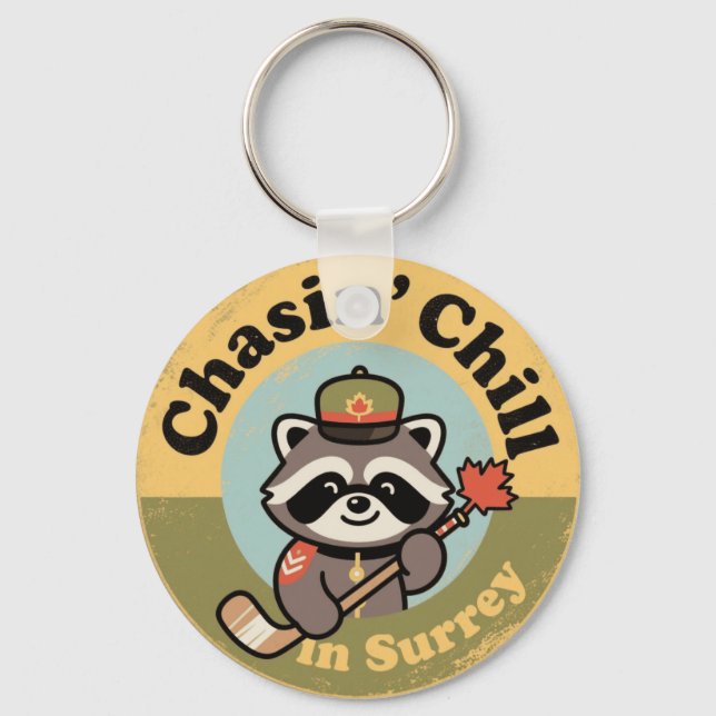 Chasin’ Chill Surrey with a Cool Racoon Mountie Key Ring (Front)