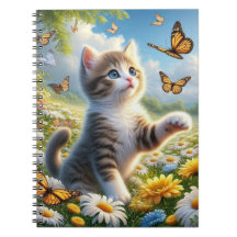 Chasing Butterflies Kitten in Flower Garden 
