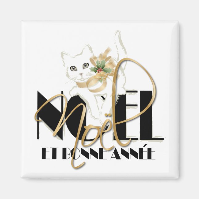 Chat Blanc, Noël et Bonne Année Magnet (Front)