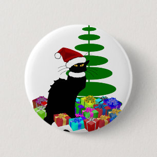 Chat Noir With Christmas Tree and Gifts 6 Cm Round Badge
