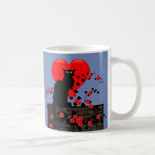 Chat Noir with Red Roses Coffee Mug (Right)