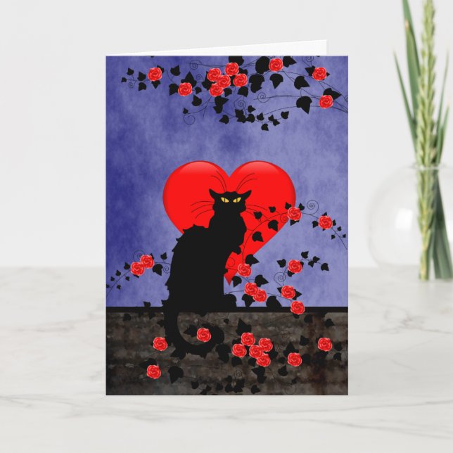 Chat Noir with Red Roses Holiday Card (Front)