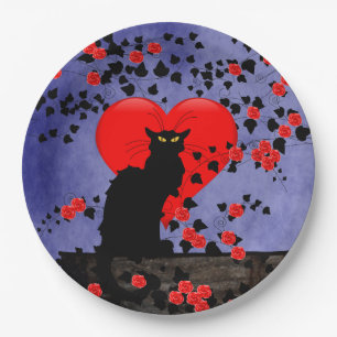 Chat Noir with Red Roses Paper Plate